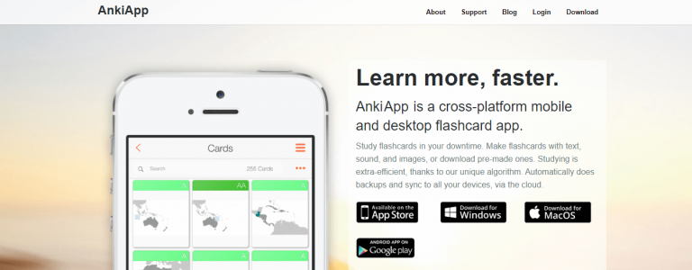 Captura de pantalla del sitio web de la aplicación Anki