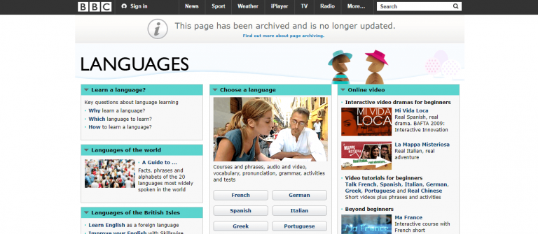 Captura de pantalla del sitio web de BBC Language