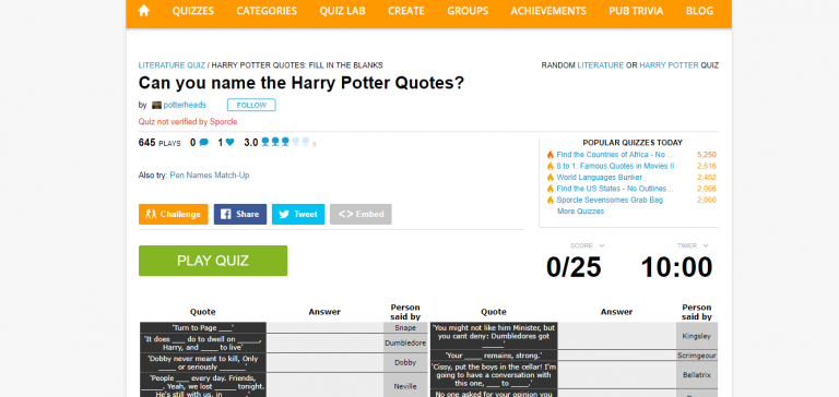 ¿Puedes nombrar las citas de Harry Potter? Examen.